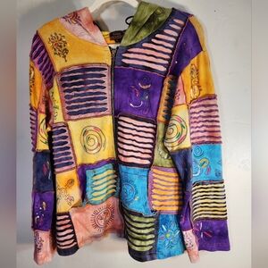 Rising International VTG Colorful Kangroo Pockets Hooded Y2K Patchwork sz L